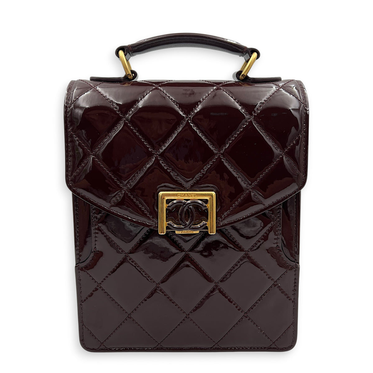 23A Top Handle Bag Brown in Patent Leather, Gold hardware