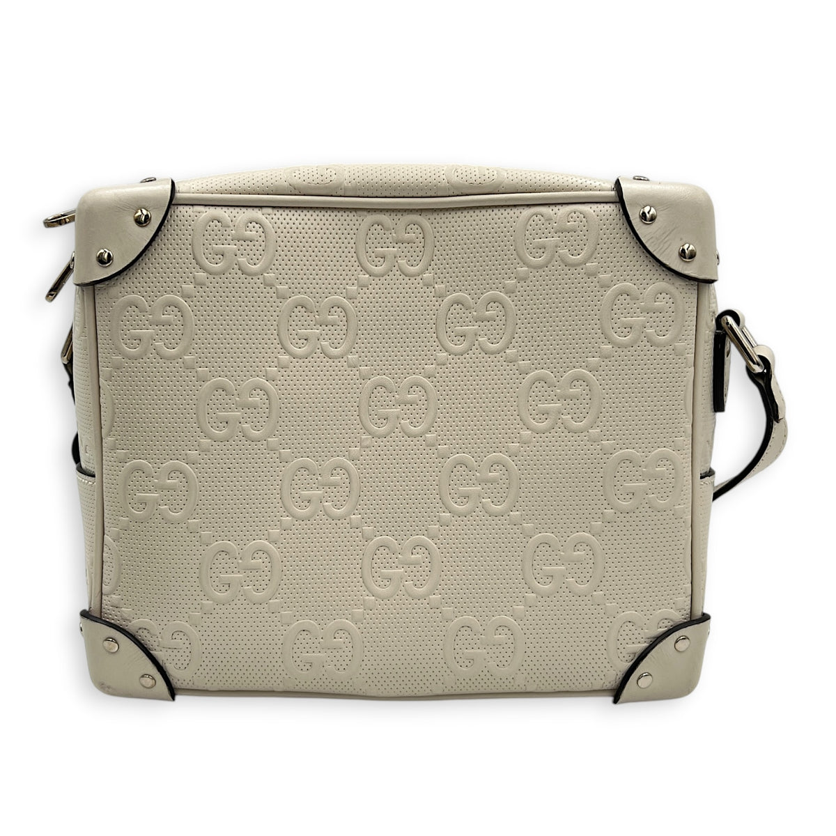GG Embossed Trunk White Crossbody Bag in Calfskin, Silver hardware
