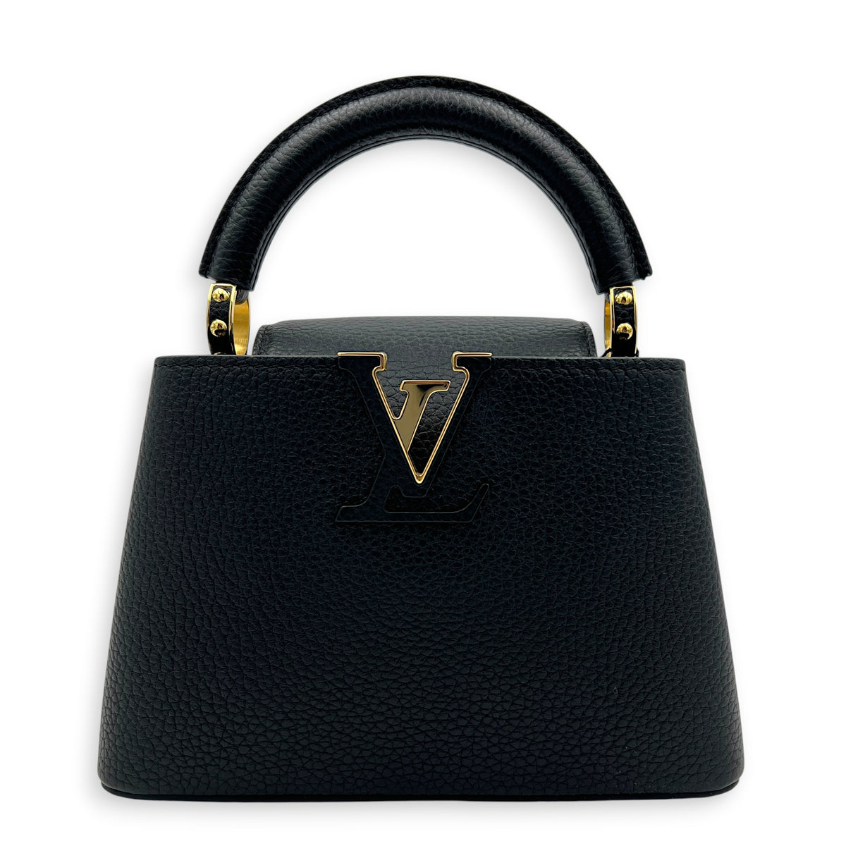 Capucines Mini Black Top Handle Bag in Taurillon Leather, Gold hardware