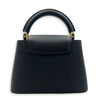 Capucines Mini Black Top Handle Bag in Taurillon Leather, Gold hardware