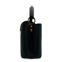 Capucines Mini Black Top Handle Bag in Taurillon Leather, Gold hardware