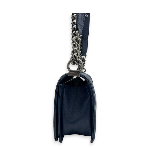 Boy Shoulder Bag Large Navy Blue in Caviar Leather, Ruthenium hardware