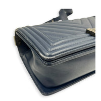 Boy Shoulder Bag Large Navy Blue in Caviar Leather, Ruthenium hardware