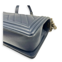 Boy Shoulder Bag Large Navy Blue in Caviar Leather, Ruthenium hardware
