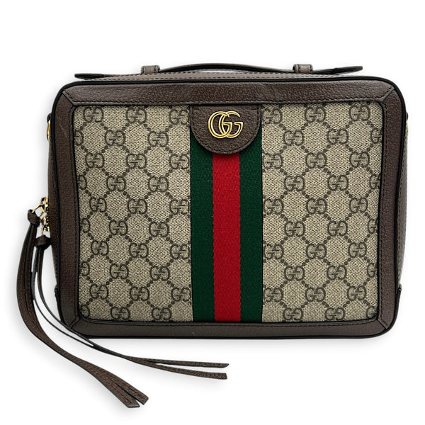 Ophidia Top Handle Bag Brown in Coated Canvas, Gold hardware