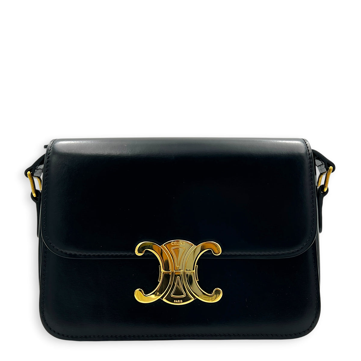 Triomphe Shoulder Bag Teen Black in Box Calfskin, Gold hardware