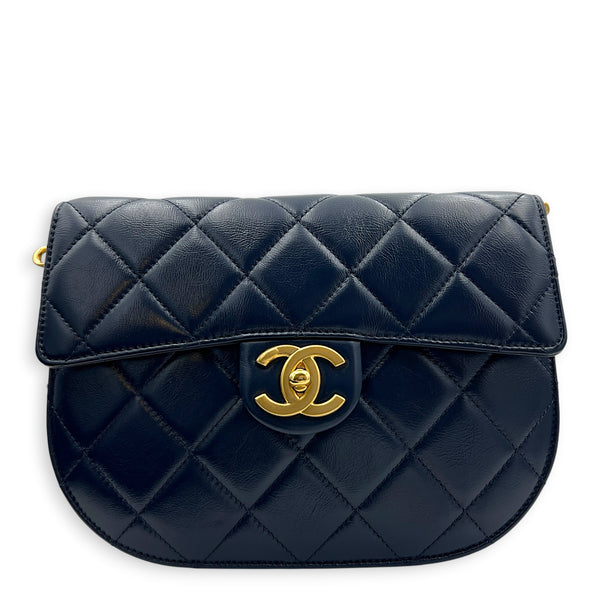 CC Quilted Moon Crossbody Bag Blue in Calfskin, Gold hardware