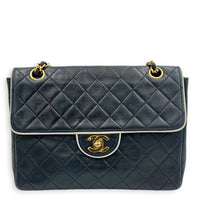 CC Flap White Piping Shoulder Bag Navy in Lambskin, Gold hardware