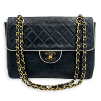 CC Flap White Piping Shoulder Bag Navy in Lambskin, Gold hardware