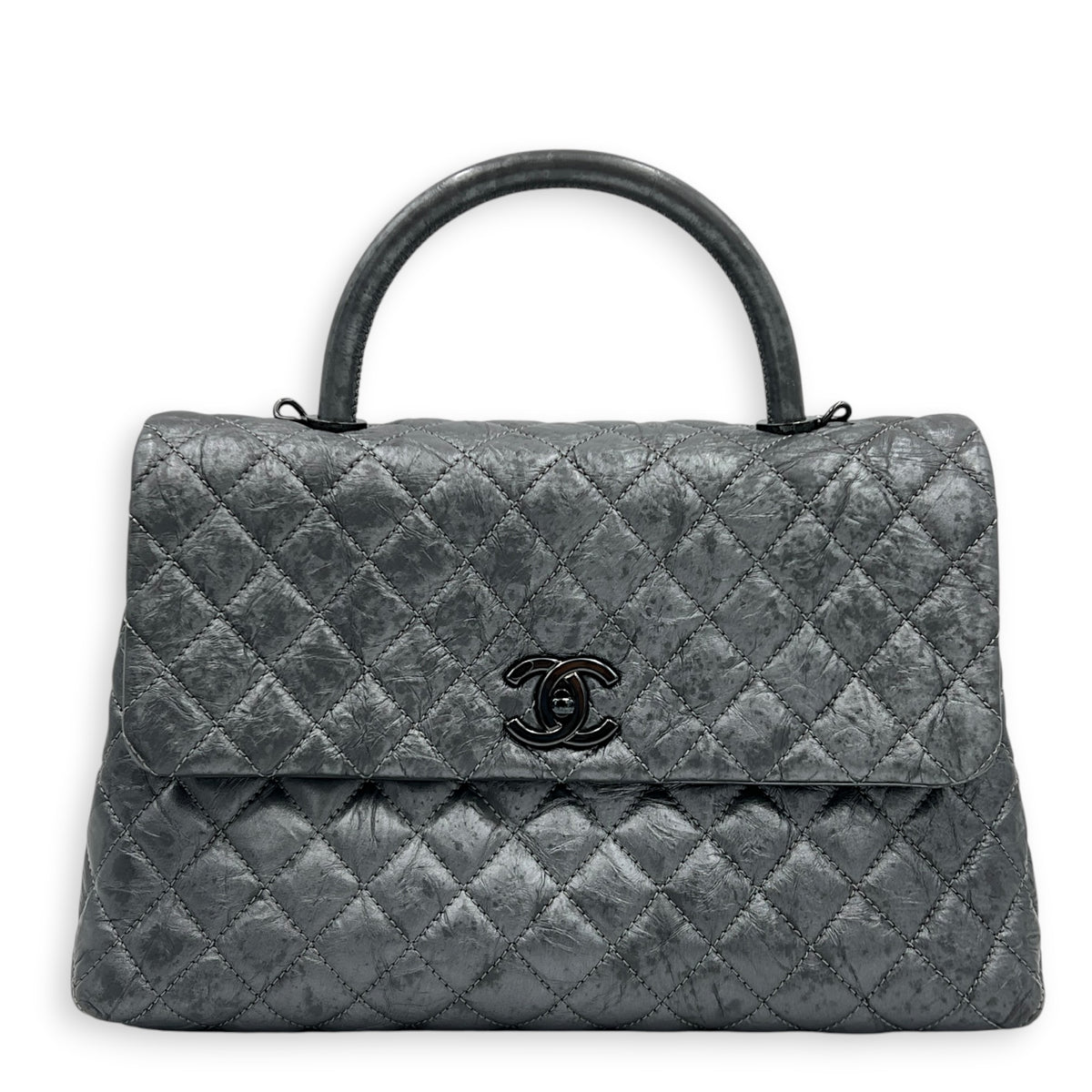 Coco Top Handle Bag Large Metallic Grey in Distressed Leather, Gunmetal hardware