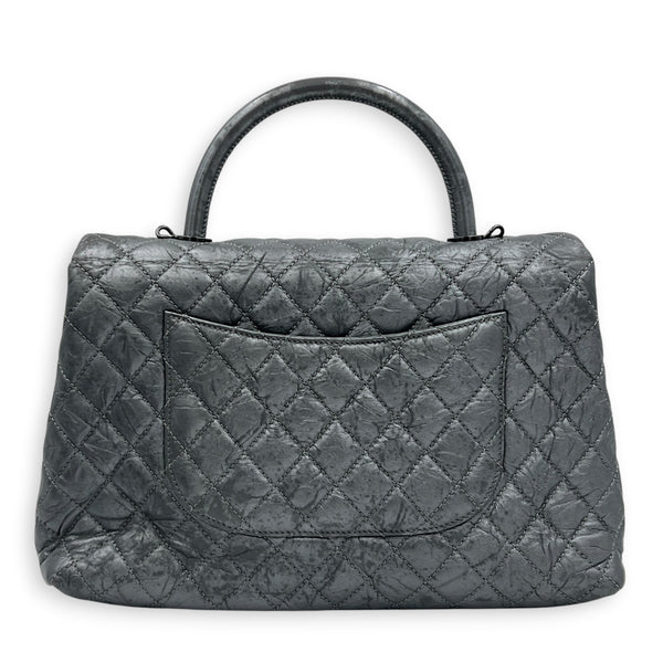 Coco Top Handle Bag Large Metallic Grey in Distressed Leather, Gunmetal hardware