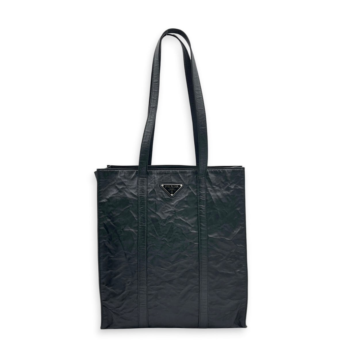Logo Black Tote Bag in Distressed Leather, Silver hardware
