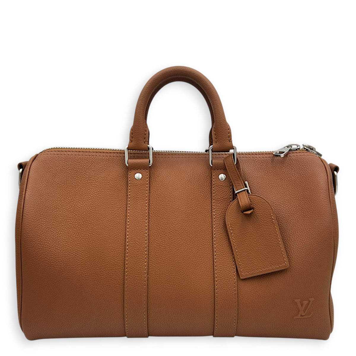 Keepall Top Handle Bag 35 Brown in Taurillon Leather, Silver hardware