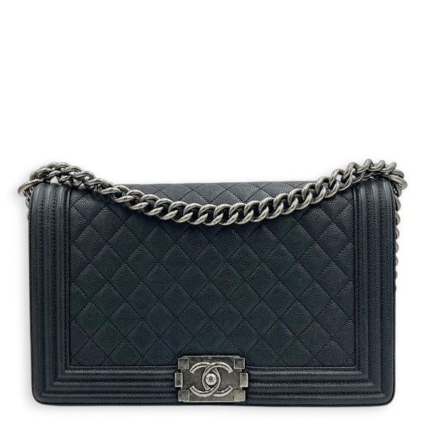 Boy Shoulder Bag Medium Black in Caviar Leather, Ruthenium hardware