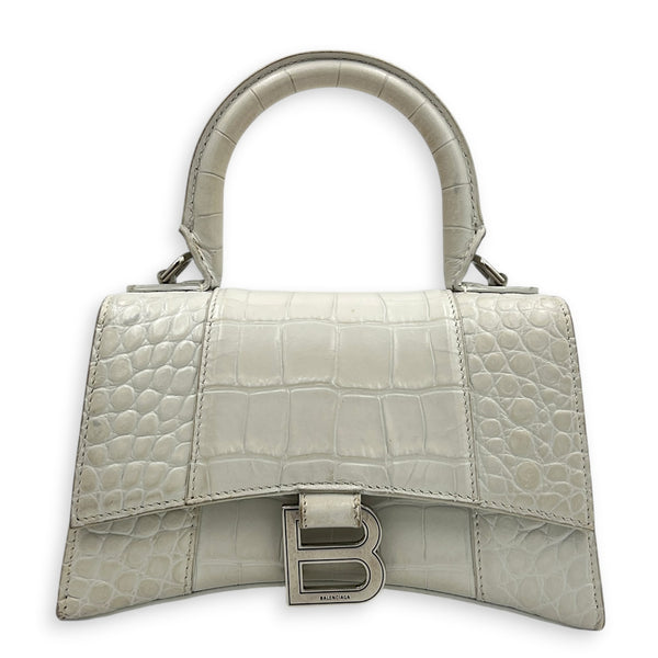 Hourglass Top Handle Bag XS White/Off-White in Crocodile Embossed Calfskin, Silver hardware