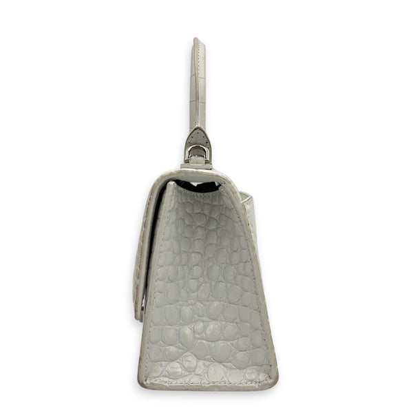 Hourglass Top Handle Bag XS White/Off-White in Crocodile Embossed Calfskin, Silver hardware