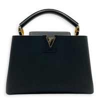 Capucines BB Black Top Handle Bag in Taurillon Leather, Gold hardware