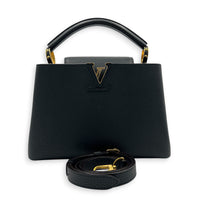 Capucines BB Black Top Handle Bag in Taurillon Leather, Gold hardware
