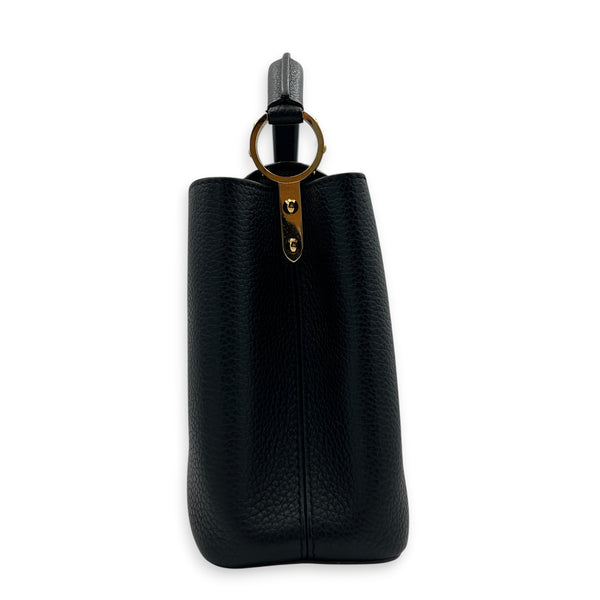 Capucines BB Black Top Handle Bag in Taurillon Leather, Gold hardware