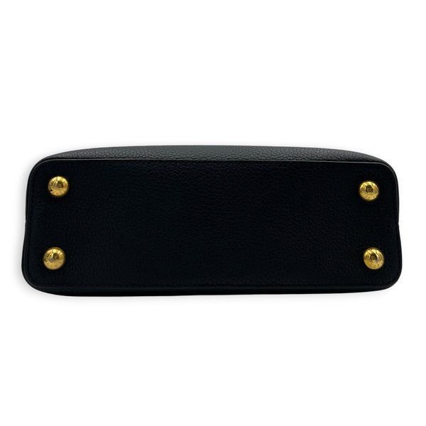 Capucines BB Black Top Handle Bag in Taurillon Leather, Gold hardware