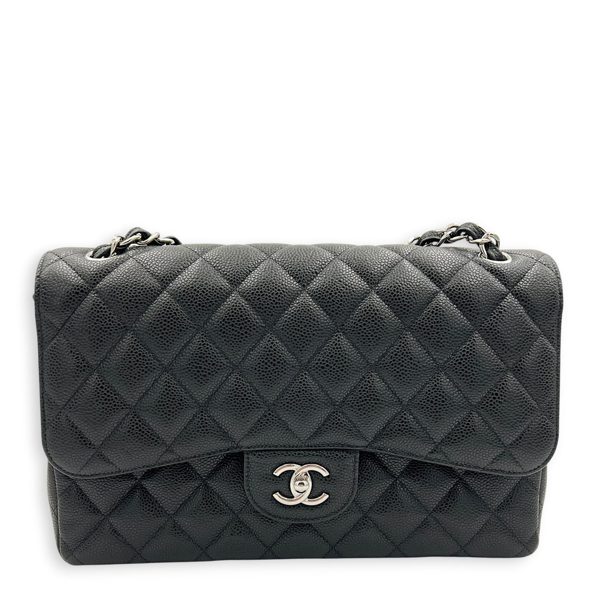 Classic Double Flap Jumbo Black Shoulder Bag in Caviar Leather, Silver hardware