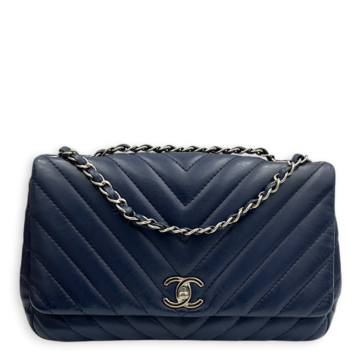 CC Chevron Shoulder Bag Navy Blue in Calfskin, Silver hardware