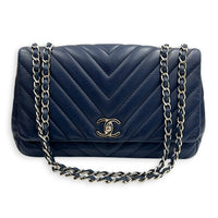 CC Chevron Shoulder Bag Navy Blue in Calfskin, Silver hardware