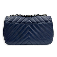 CC Chevron Shoulder Bag Navy Blue in Calfskin, Silver hardware