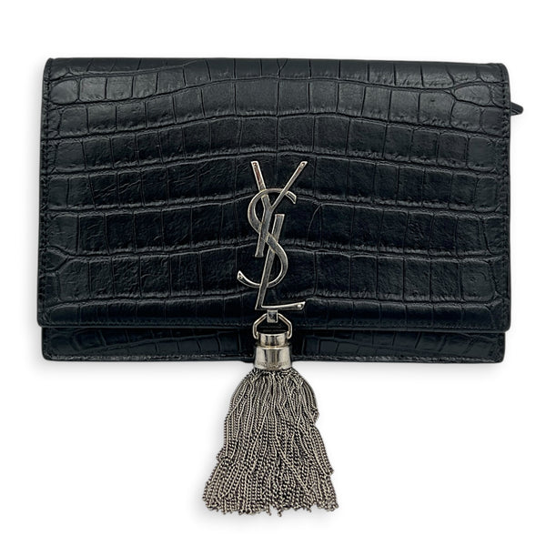 Kate Tassle Wallet On Chain Noir in Crocodile Embossed Calfskin, Silver hardware