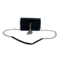 Kate Tassle Wallet On Chain Noir in Crocodile Embossed Calfskin, Silver hardware
