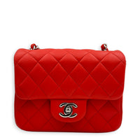 Rectangle Flap Shoulder Bag Mini Red in Lambskin, Silver hardware