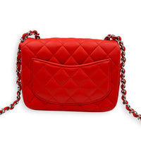 Rectangle Flap Shoulder Bag Mini Red in Lambskin, Silver hardware