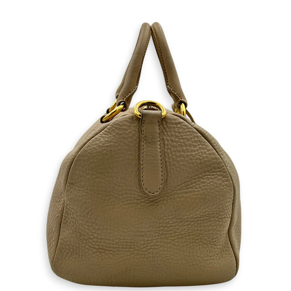 Logo Top Handle Bag Beige in Calfskin, Gold hardware