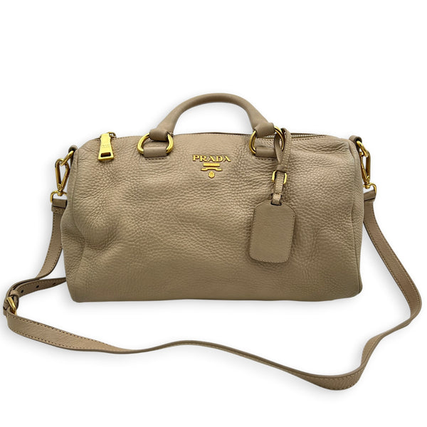 Logo Top Handle Bag Beige in Calfskin, Gold hardware