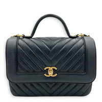 CC Chevron Black Top Handle Bag in Calfskin, Gold hardware