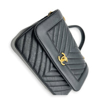 CC Chevron Black Top Handle Bag in Calfskin, Gold hardware