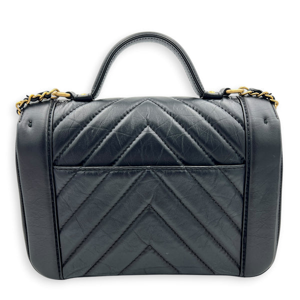 CC Chevron Black Top Handle Bag in Calfskin, Gold hardware