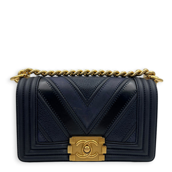 Boy Small Seasonal Chevron Blue Shoulder Bag in Calfskin, Gold hardware