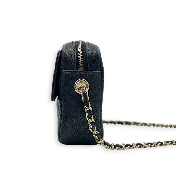 25C Camera Black Crossbody Bag in Caviar Leather, Gold hardware