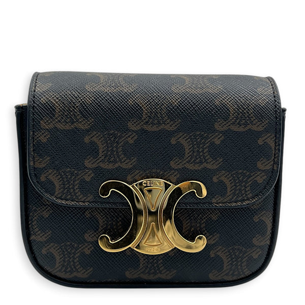 Triomphe Claude Mini Tan Crossbody Bag in Coated Canvas, Gold hardware