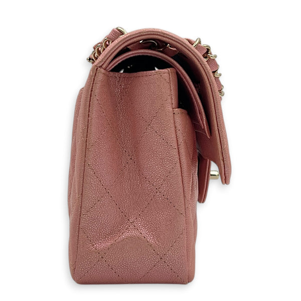 Classic Double Flap Small Iridescent Pink Shoulder Bag in Caviar Leather, Gold hardware