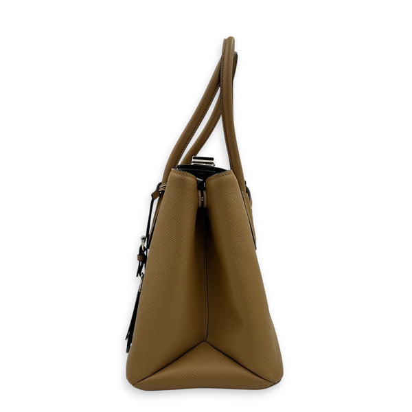 2 Way Turnlock Brown Top Handle Bag in Saffiano Leather, Silver hardware