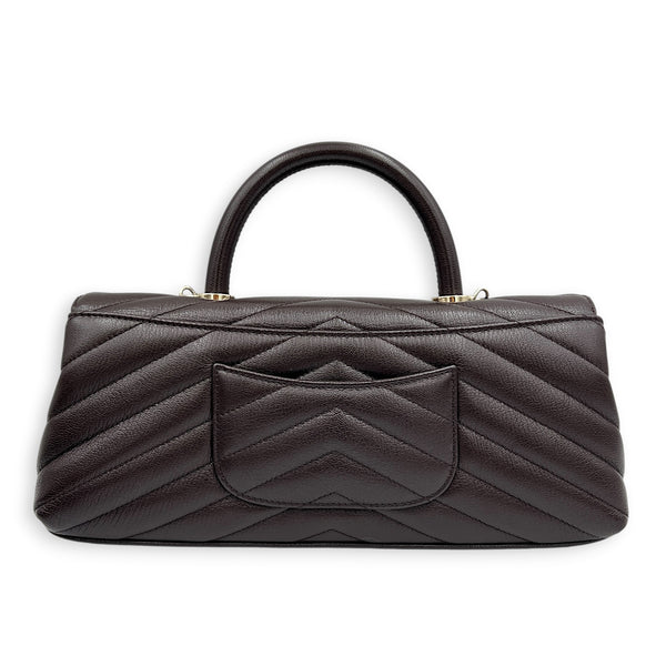 Coco East West Maci Brown Top Handle Bag in Calfskin, Gold hardware