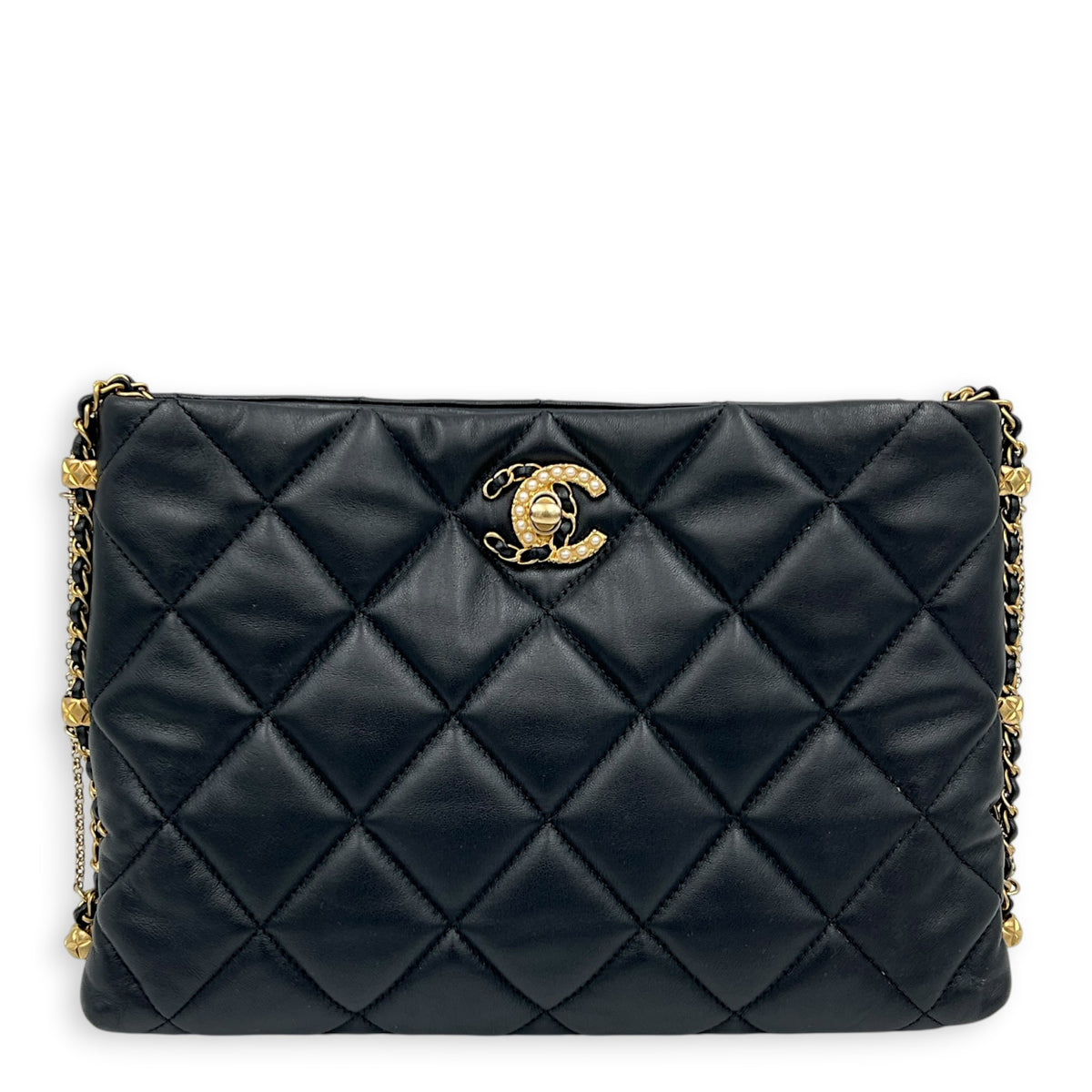Quilted Crush on Chains Black Shoulder Bag in Lambskin, Gold hardware