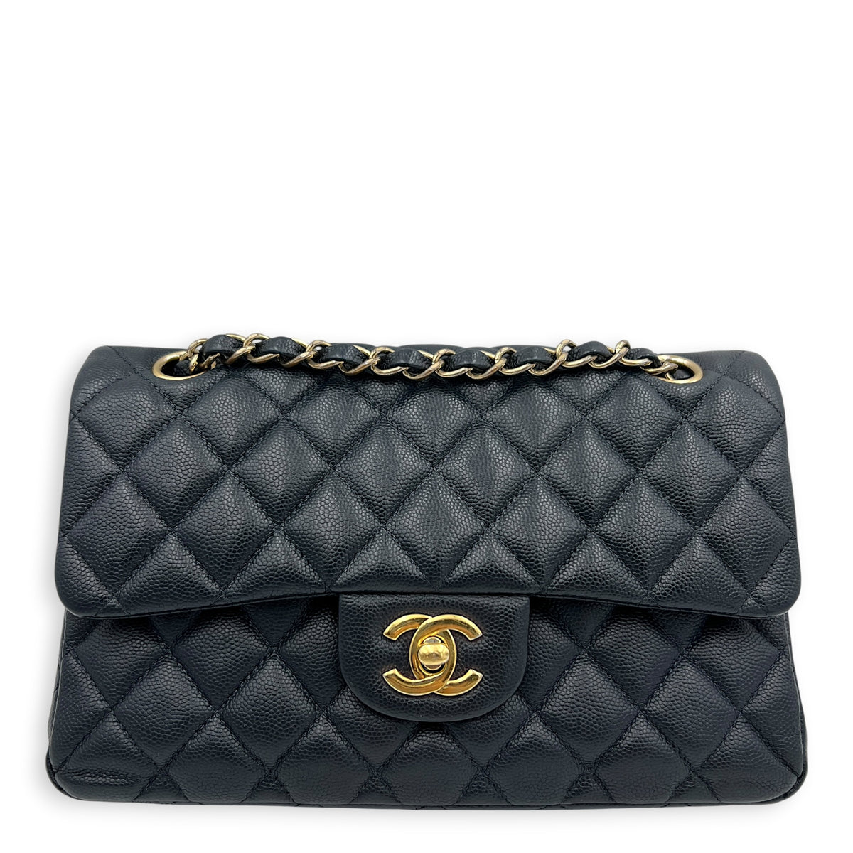 Classic Double Flap Small Blue Shoulder Bag in Caviar Leather, Gold hardware