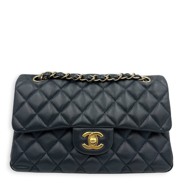 Classic Double Flap Small Blue Shoulder Bag in Caviar Leather, Gold hardware