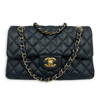 Classic Double Flap Small Blue Shoulder Bag in Caviar Leather, Gold hardware