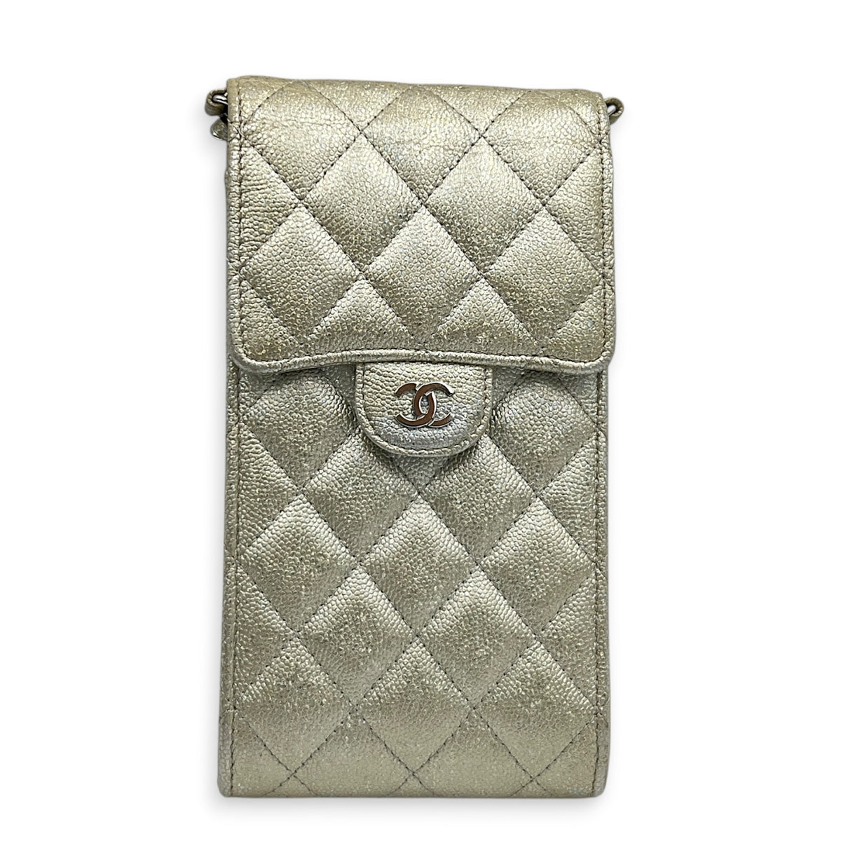 CC Quilted  Phone Bag Gold in Caviar Leather, Silver hardware