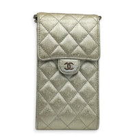 CC Quilted  Phone Bag Gold in Caviar Leather, Silver hardware