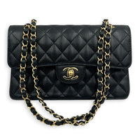 Classic Double Flap Small Black Shoulder Bag in Caviar Leather, Gold hardware